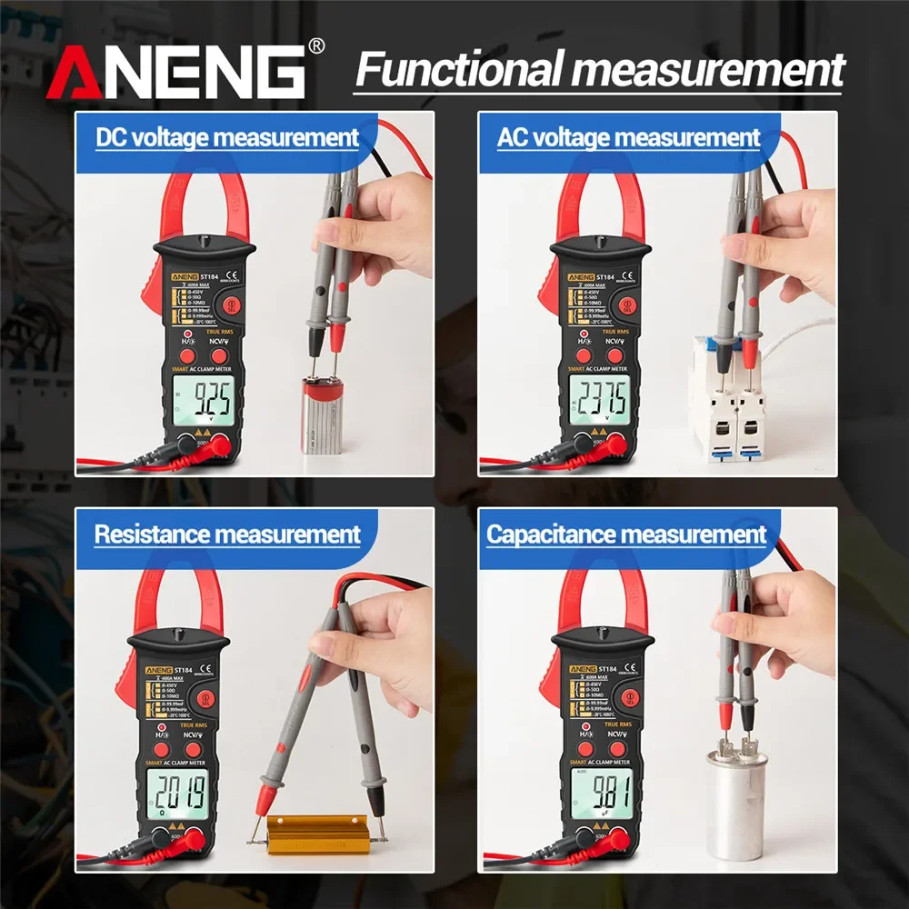 ANENG ST184 트루 RMS 클램프 미터 디지털 멀티미터 AC DC 전압 전류 저항 NCV 유도 감지기 전기 기술자용