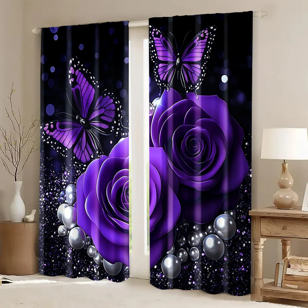 2pcs, Curtains Purple Rose Butterfly Flower Romantic Valentine's Day Blackout Polyester Versatile Applies to Holiday Decorations 6