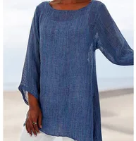 Hot Blouse Women Solid Color Cotton Linen O-Neck Long Sleeve Irregular Tunic Top Spring Summer Oversized Shirts - Image 6