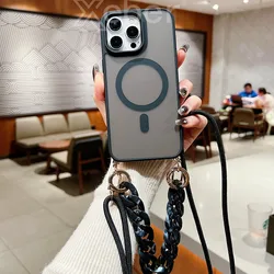 Magnetic Acrylic Chain Necklace Strap Lanyard Phone Case with Magsafe Charging Compatibility - Clear Cover - iPhone 14 (Black)