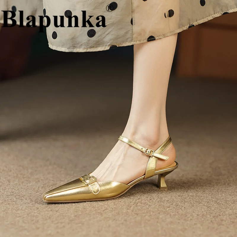 

Женские босоножки из овечьей кожи Blapunka, серебристые босоножки на среднем каблуке с двойной пряжкой и ремешком на щиколотке, Размеры 33-40, для весны и лета