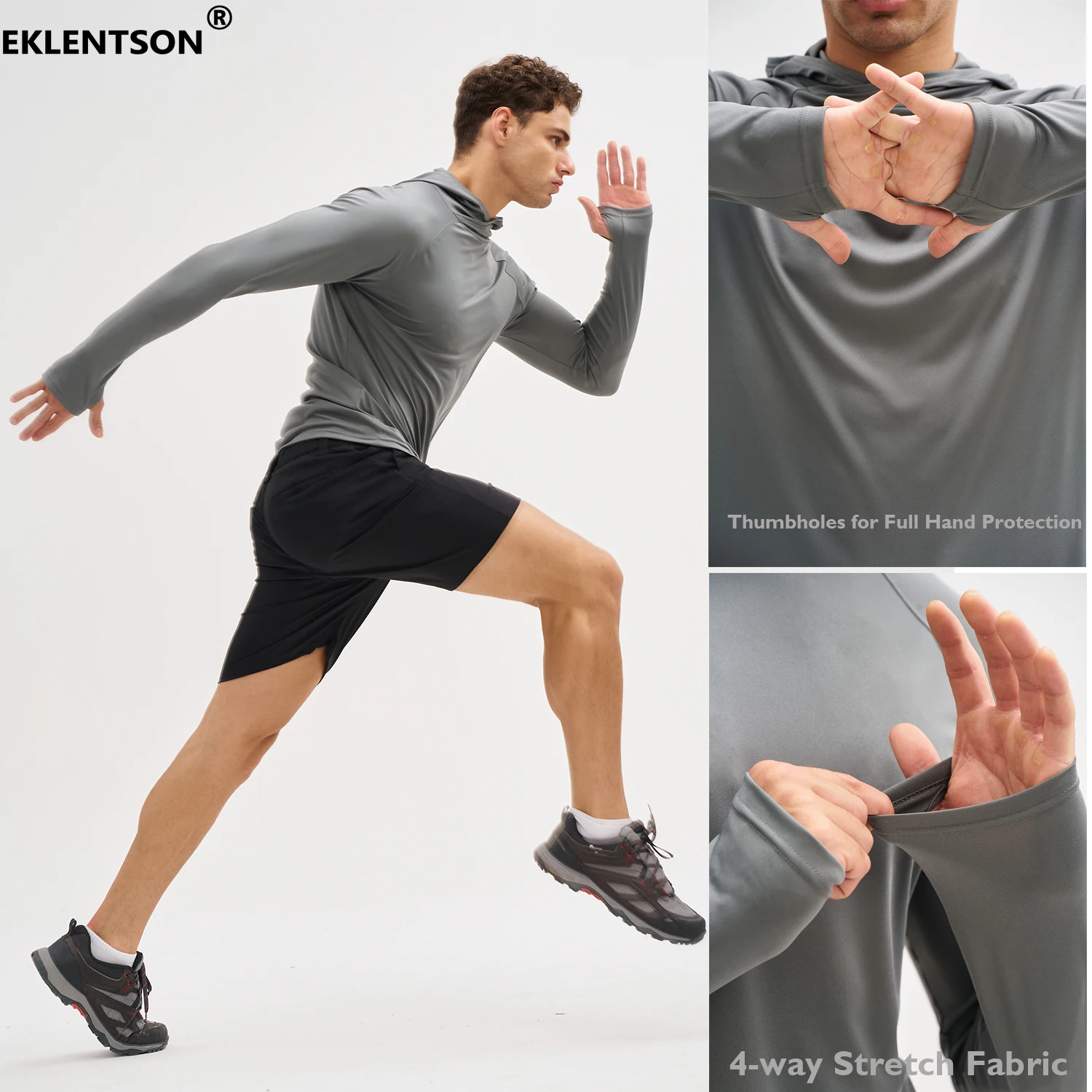 EKLENTSON Men's UPF 50+ Lightweight Hoodie Shirts Quick Dry Cross-Collar Rash Guard Shirt Sun Protection for Athletic Running