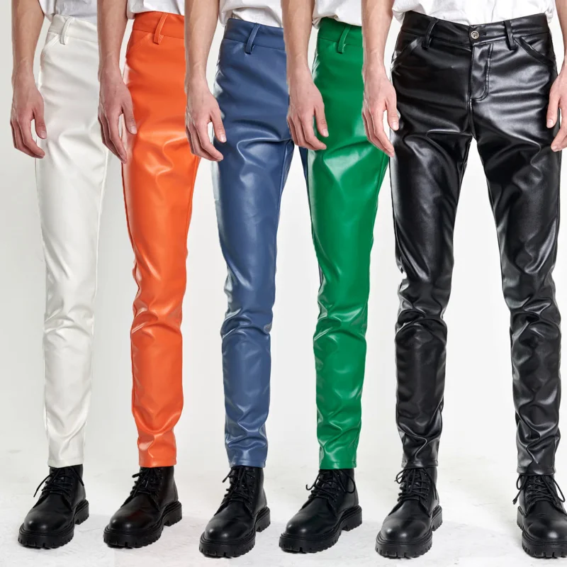

2023 Brand Men 5 Color Leather Pants Skinny Fit Elastic Fashion PU Leather Trousers Party & Dance Pants Thin Drop Shipping