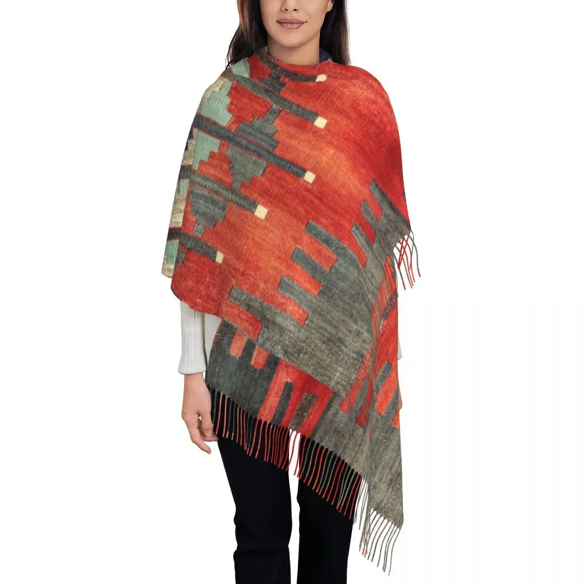 

Vintage Turkish Kilim Navaho Weave Aztec Textile Scarf Women Men Winter Fall Shawl Wraps Boho Ethnic Persian Tribal Tassel Wraps