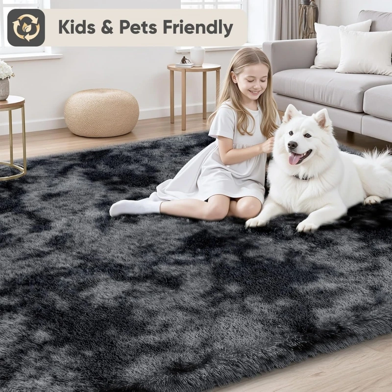 Luxurious Grey Tie-Dye Shaggy Fluffy Rug - Ultra Soft Non-Slip Plush Carpet