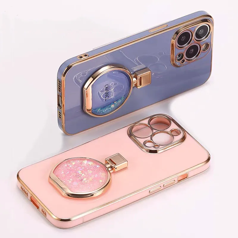 

Plating Phone Case For iPhone 14 X XR XS 6s 7 8 12 13 mini 11 Pro Max Liquid Perfume Bottle Stand Holder Quicksand Soft Cover