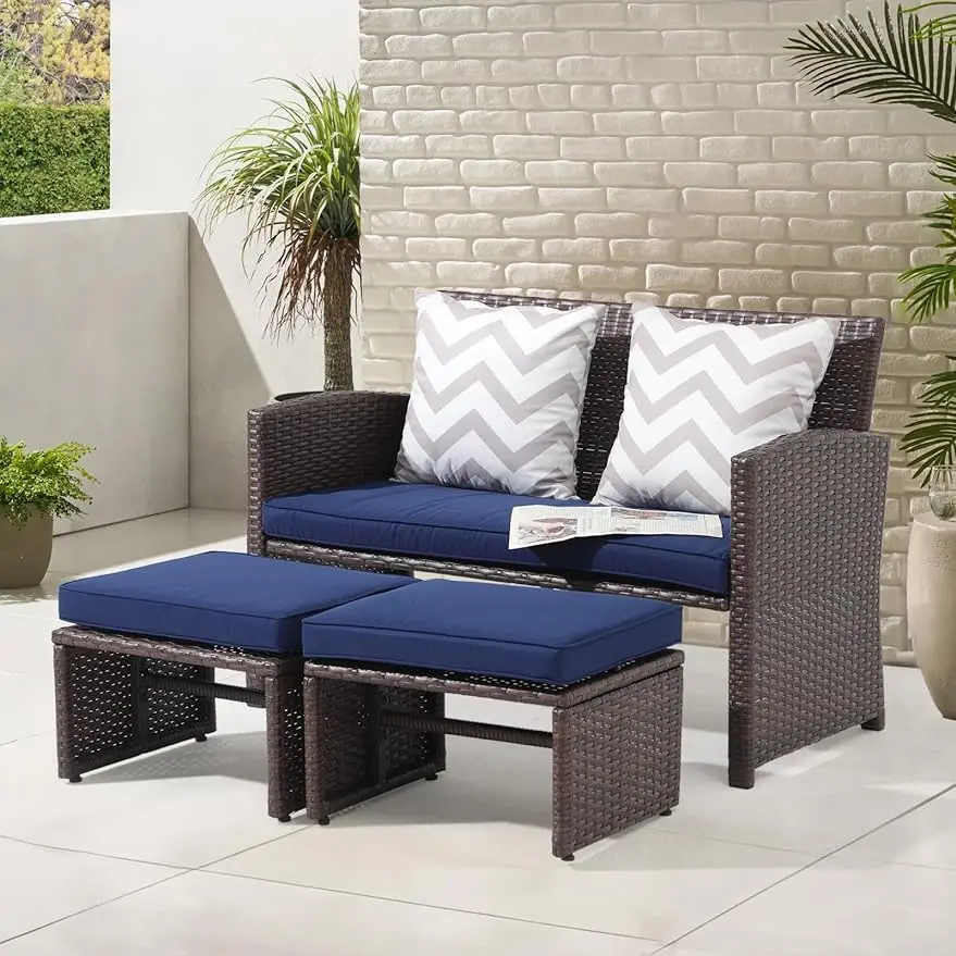 

Outdoor Loveseat 3 Piece Patio Furniture Set Outdoor Conversation Set All-Weather Wicker Love Seat w/ Ottoman/Side Table, Rattan