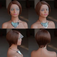 # Perruque courte brune coupe pixie droite 13x4 avec dentelle transparente, perruque brésilienne en cheveux humains, perruque bob courte avec raie latérale pour femmes 2