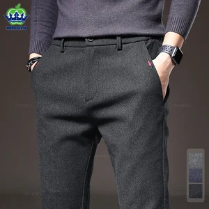 Новинка 2023, зимние мужские повседневные брюки из матовой ткани, деловые модные облегающие тянущиеся плотные брюки из хлопка серого, синего, черного цвета для мужчин