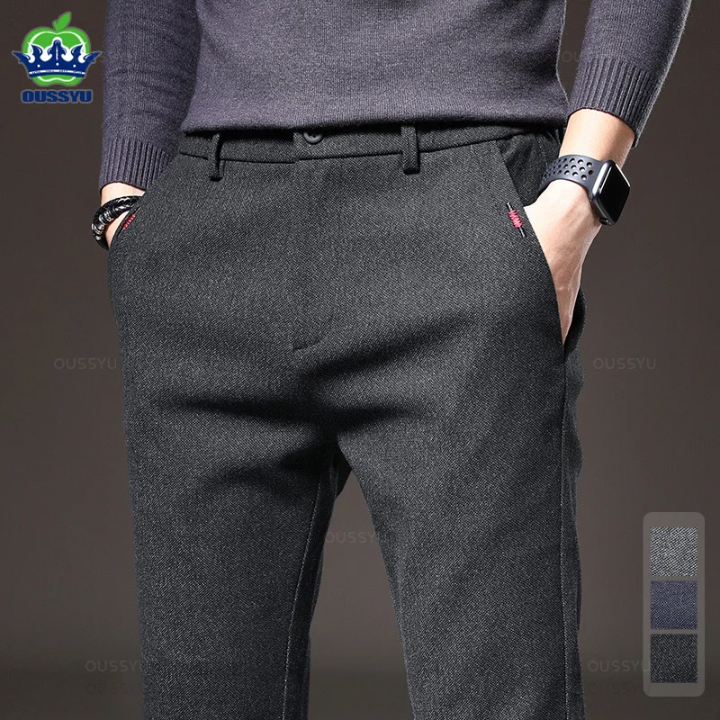 Pantaloni casual da uomo in tessuto spazzolato autunno inverno moda business slim fit elasticizzato spesso grigio blu nero pantaloni in cotone maschile 1