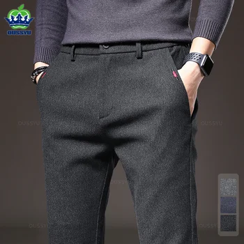 Pantaloni casual da uomo in tessuto spazzolato autunno inverno moda business slim fit elasticizzato spesso grigio blu nero pantaloni in cotone maschile 1