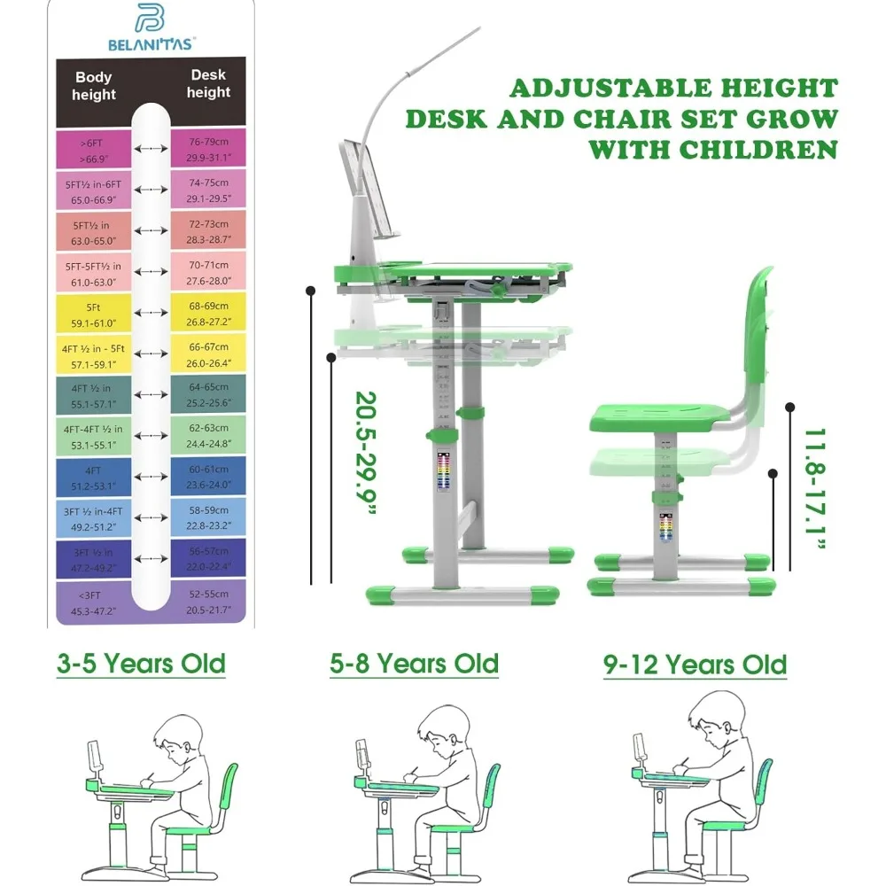 Kids Desk and Chair Set with 40-Degree Tilted Desktop, Height Adjustable Children Desk and Chair Set for Boys and Girls 5