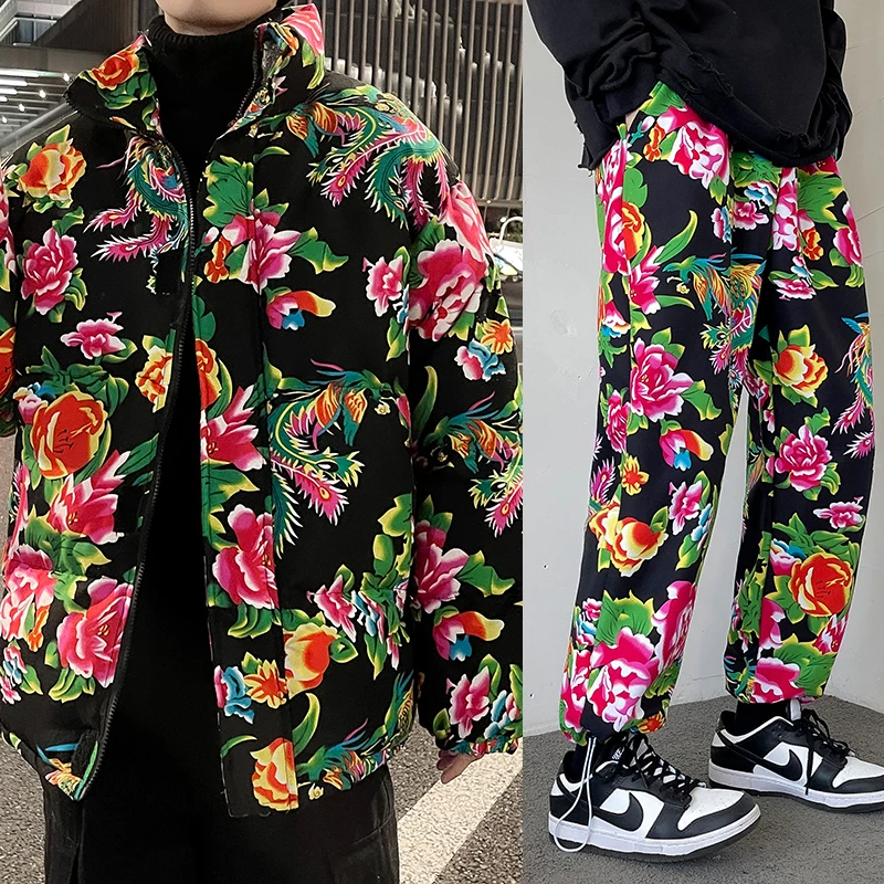 Winter Clothes For Men 2 Piece Set Puff Parka Long Pants Set Men Fashion Clothing Flower Printing Casual Outfits Chinese Style