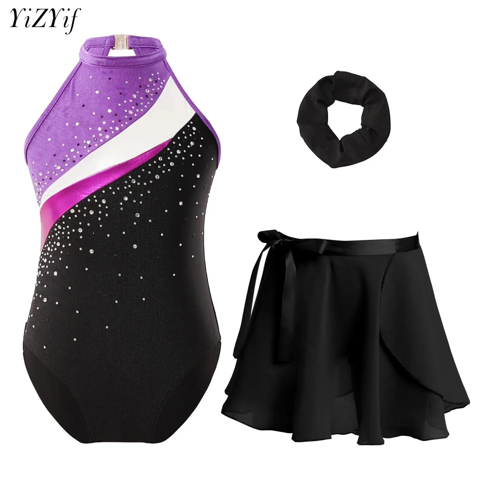 

Kid Girls Gymnastics Figure Skating Dance Outfits Sleeveless Rhinestone Leotard Dancewear with Mesh Tutu Skirt for Performance