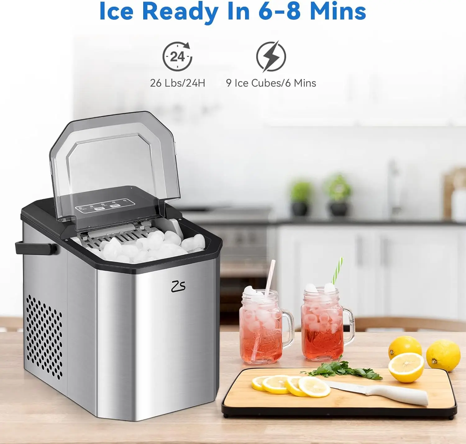 Ice Maker Countertop with Bullet Ice&Ice Scoop, 10,000pcs/26Lbs/Day, 45lb Quiet Design and Self-Cleaning Stainless Steel Kitchen