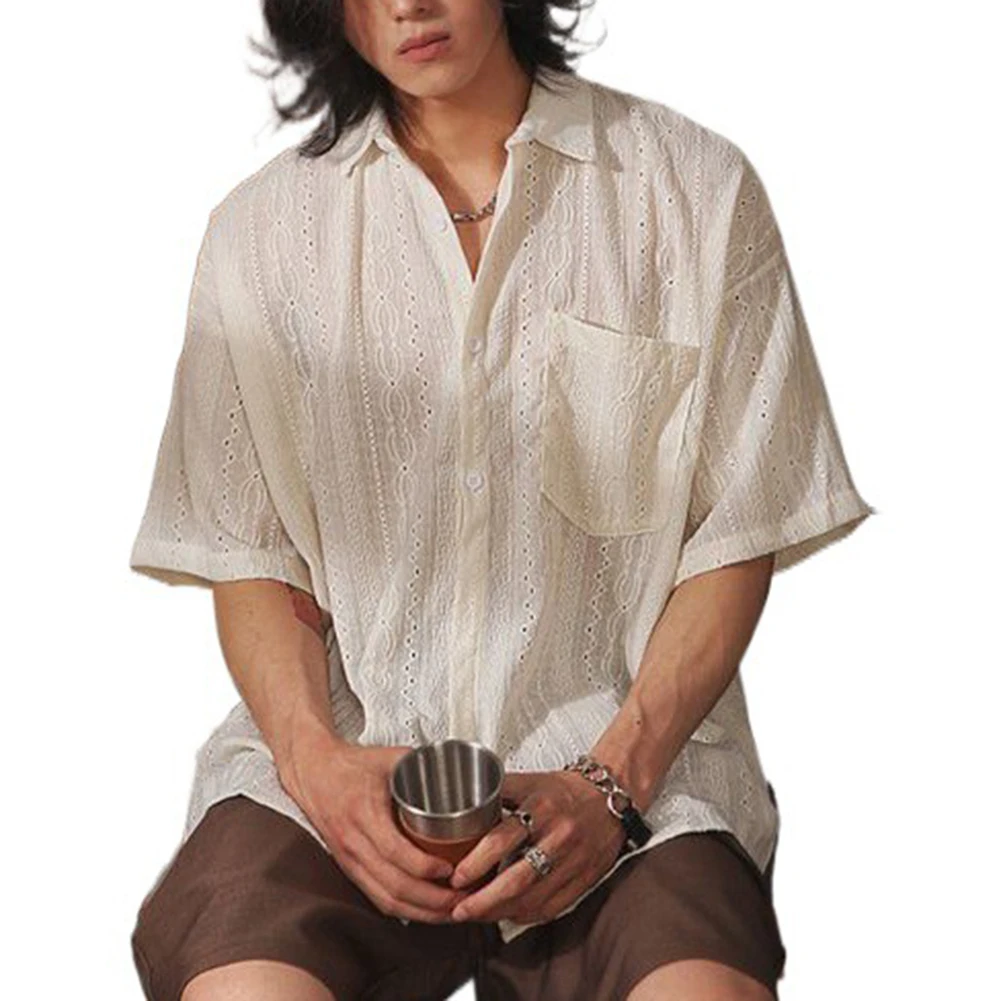Men Casual Loose Hollow Out Short Sleeve Shirts with pockets Retro Fashion Vacation/Daily All-Match Tops Solid Color 6