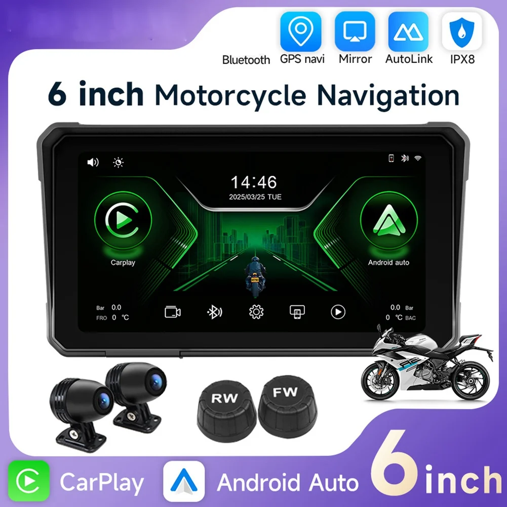 EF-6 인치 오토바이 2K HD 멀티미디어 플레이어 GPS 내비게이션 무선 카플레이 안드로이드 오토 IPX8 방수 터치 스크린