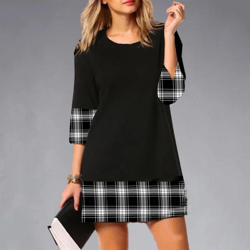 

2023 Spring New Dress Women Three Quarter Sleeve O-neck Print Patchwork Fashion Elegant Loose Casual Commute Female A-line Dress