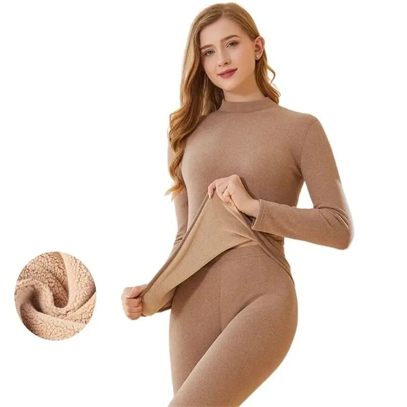 Autumn Winter Women Thermal Underwear Warm Pants Suit Female Round Neck Velvet and Thickening Bottoming Ski Underwaer Sets 5
