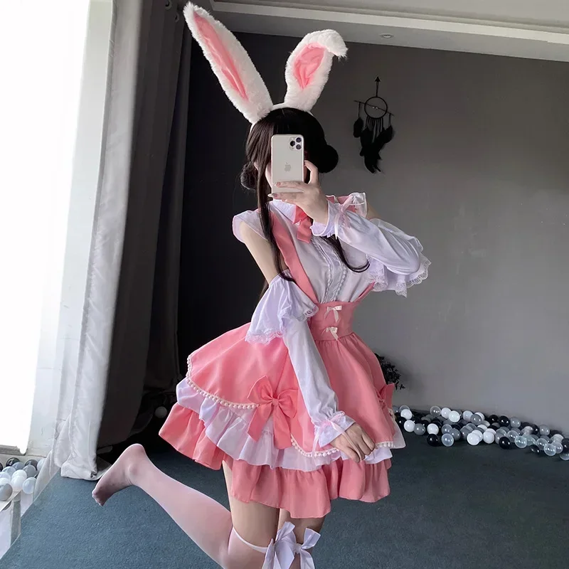 

Sweet Pink Lolita Dress Japanese Kawaii School Girl Maid Cosplay Costumes Lolita Bunny Role Play Halloween Waitress Uniform 2023