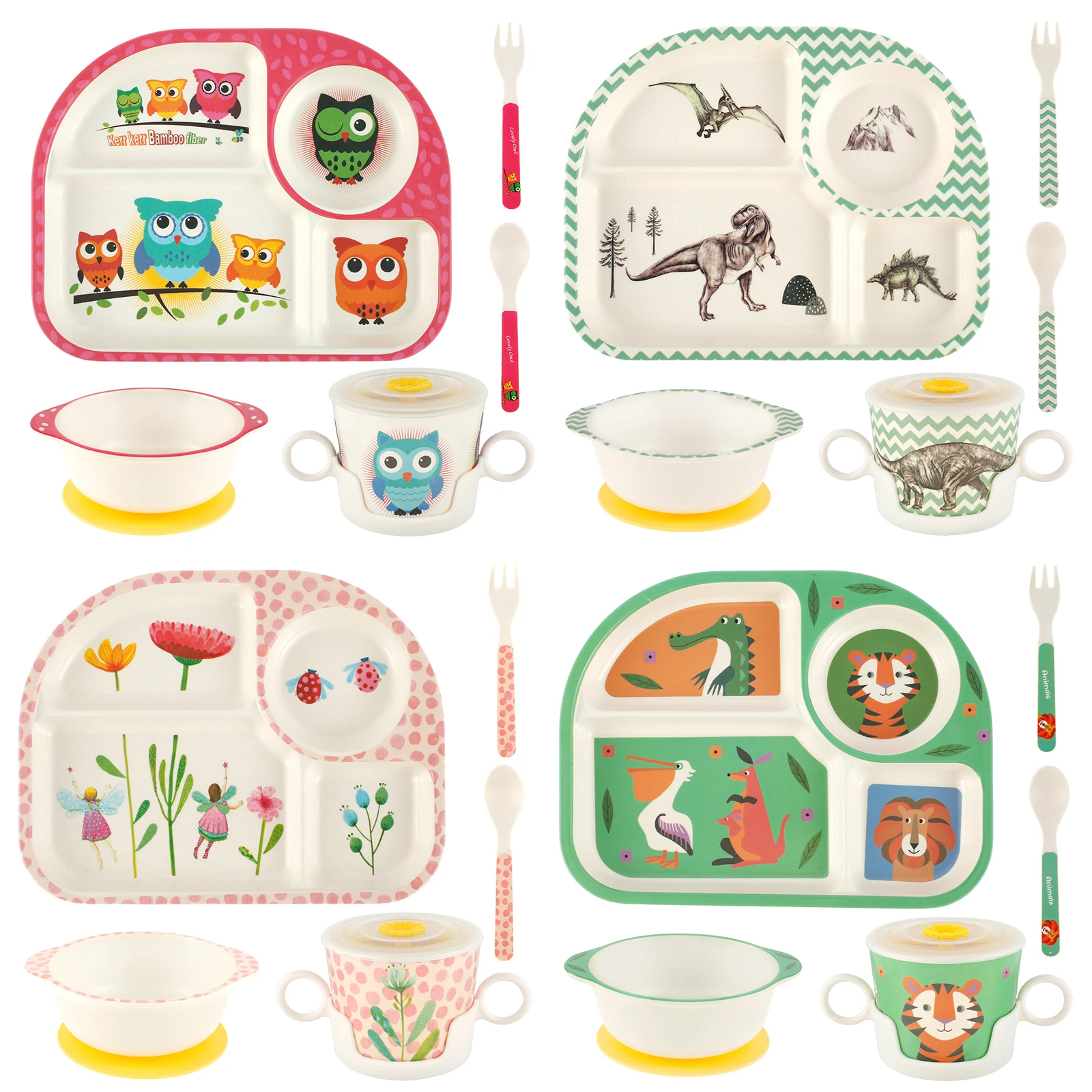 Children Dinnerware Set 5Pcs with Suction Cup Food Grade Kids Dish Set Cartoon Kids Plate and Bowl Reusable Children