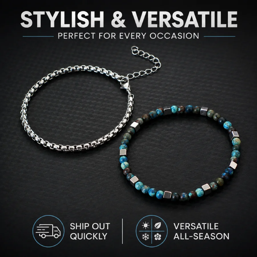 Stilvolles 2-teiliges Herren-Armband-Set, 4 mm, Edelstahl, kubanisches Kettenarmband, quadratisches Hämatit-Stein, Heilarmband, Fahrradzubehör