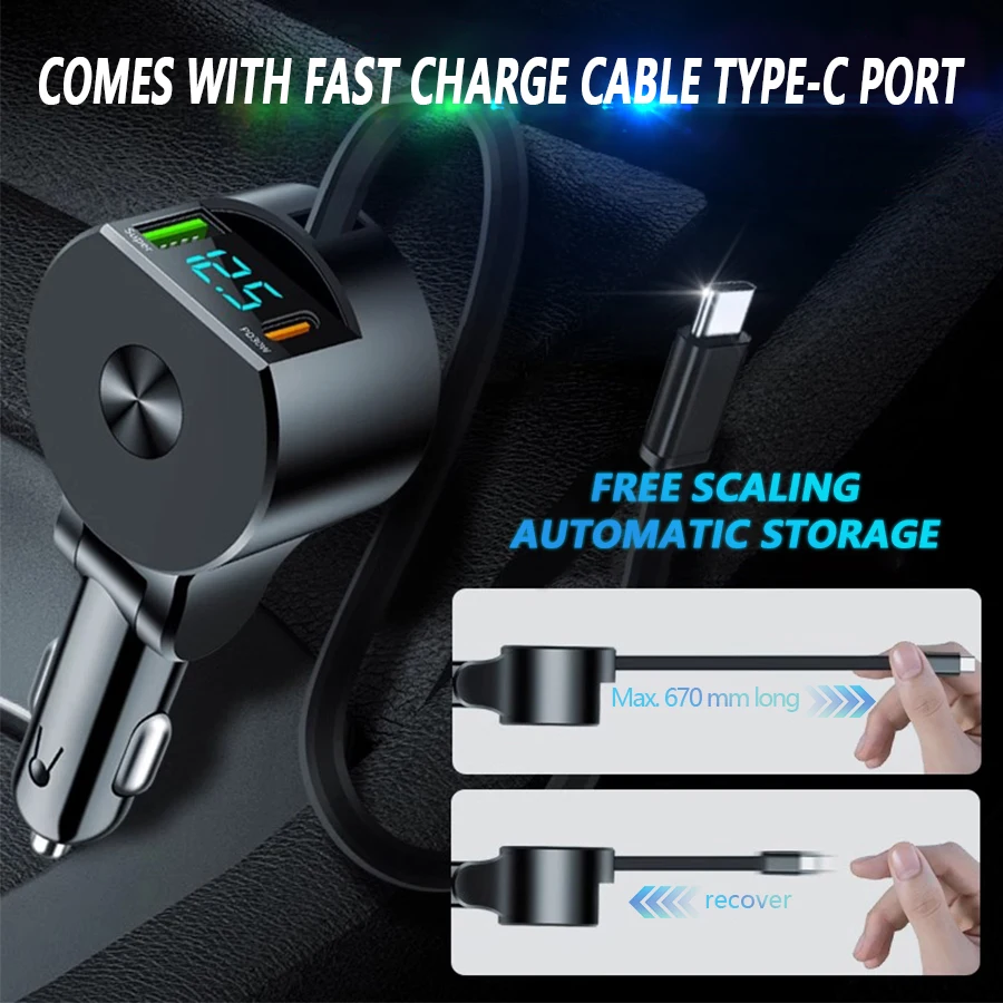 3 In 1 Voltage Detection Car Charger Adjustable Super Fast Retractable Phone Charger USB QC3.0 Type C PD USB C Fast Charging