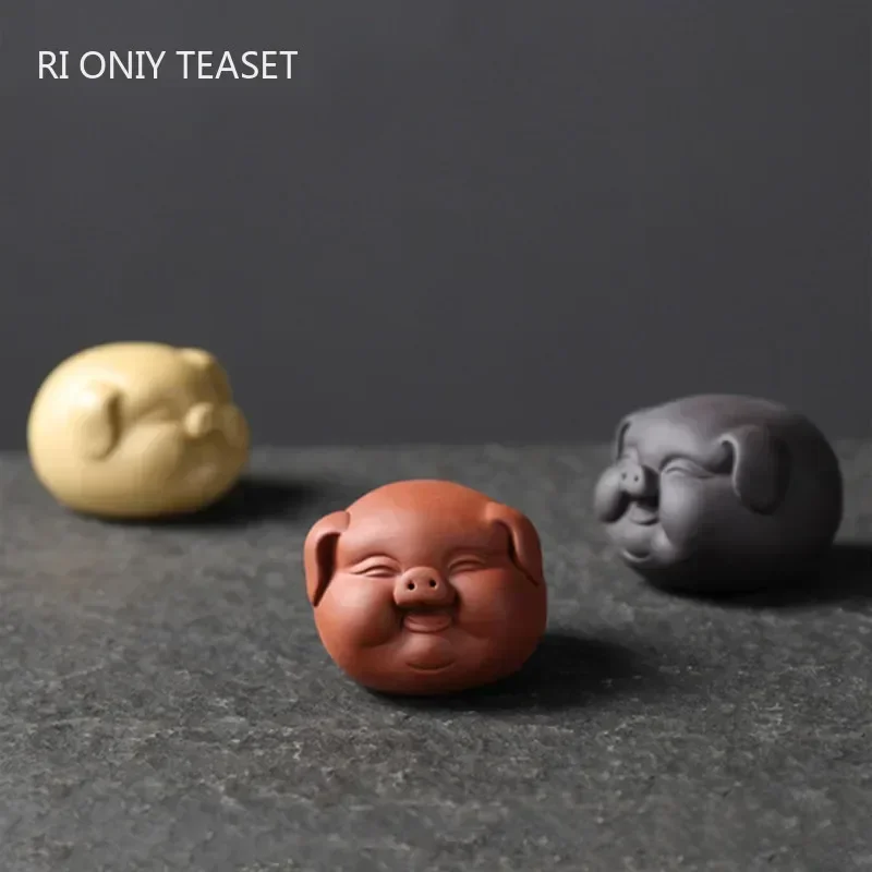 Tea Pet Ornaments 1 Pc Chinese Purple Clay Tea Pet Cute Pig Statue Tea Figurine Ornaments Handmade Sculpture Crafts Set Decoration Accessories