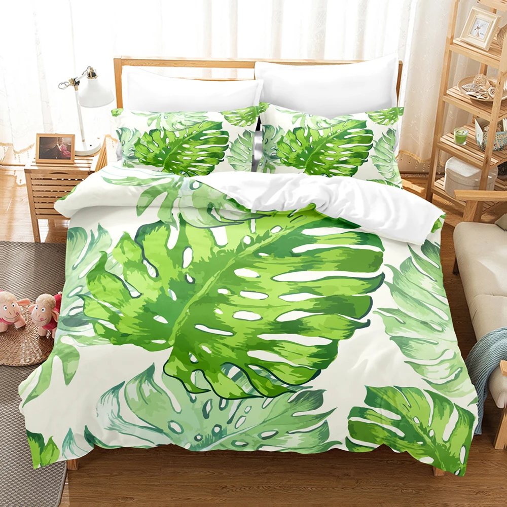 Tropical Palmtree Leaves Bedding Set Simple Quilt Cover Comforter Bed Linen Pillowcase 2/3pcs King Queen Size