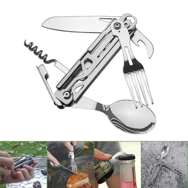 Folding Outdoor Tableware Portable Meal Knife Fork Spoon Can Opener Detachable Outdoor Survival Camping Cooking Supplies