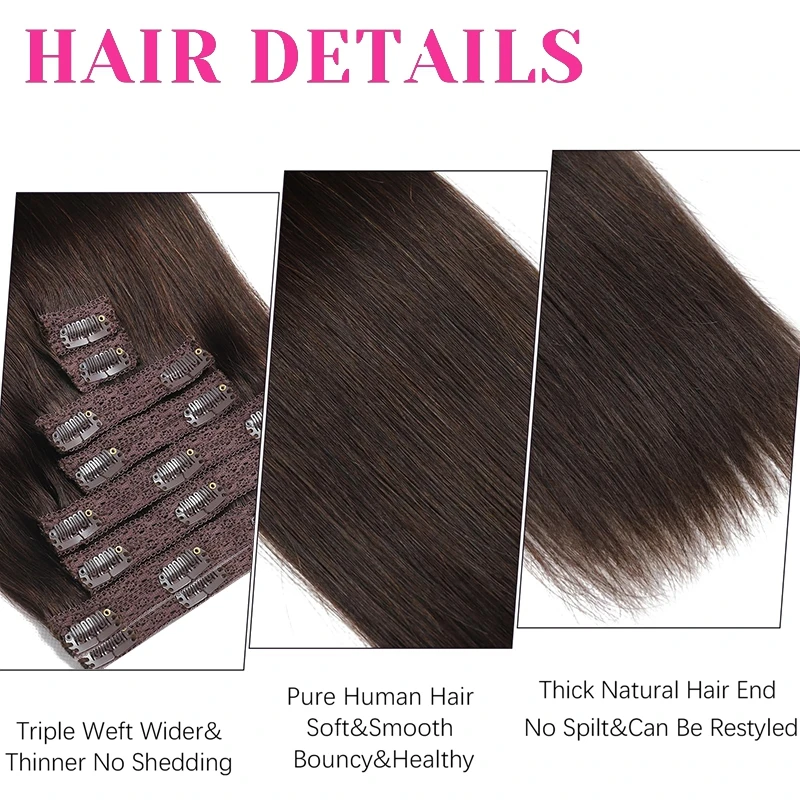 Brown Straight Clip in Hair Extensions Human Hair Brazilian Virgin Full Head Clip Extension Remy Human #1B