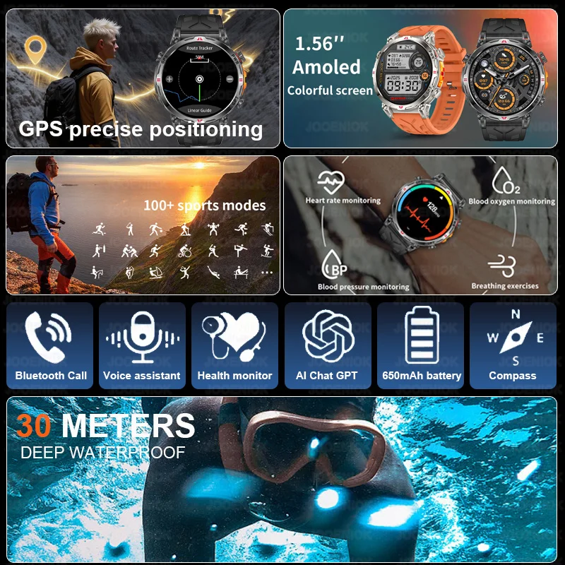 Professional GPS Sports Smartwatch Men 650mAh Battery Compass Altitude 5ATM Waterproof AMOLED Sceen BT Call GPT Assistant Watch