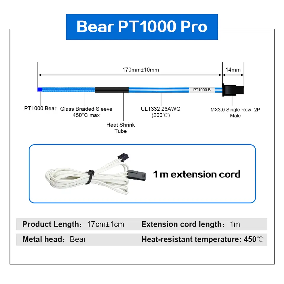 Trianglelab PT1000 Pro Thermistor Cartridge M3 M4 Screw Temperature Sensor High temPerature 450℃ 3D Printer image 5