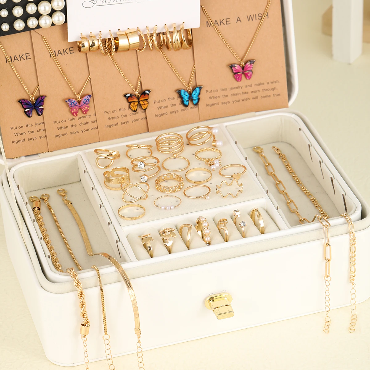 104 Pcs/Set Fashion Metal Pearl Zircon Earrings  Butterfly Necklaces Bracelets Rings Combinations Jewelry Sets For Women's Gifts