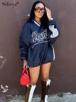 Sifreyr Street Casual Letter Print Pullover Top Contrast Color Woven Loose Mid Length Drawstring V-Neck Long Sleeve Sweatshirt 1