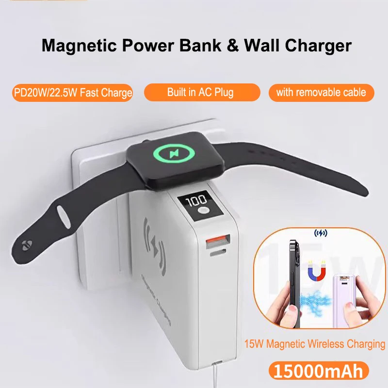 15000mAh Magsafe Powerbank Wandladegerät Magnetisch Kabellos USB-C PD 22,5W Schnellladegerät für iPhone 16 15 iWatch MacBook Powerbank_voghion.com
