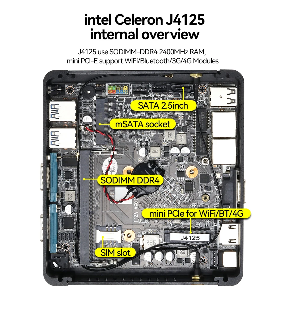 Mini PC senza ventola Intel Celeron J4125 2x Gigabit LAN 2x RS232 HDMI VGA Mini PCIE WiFi/4G 4x supporto USB Windows Linux