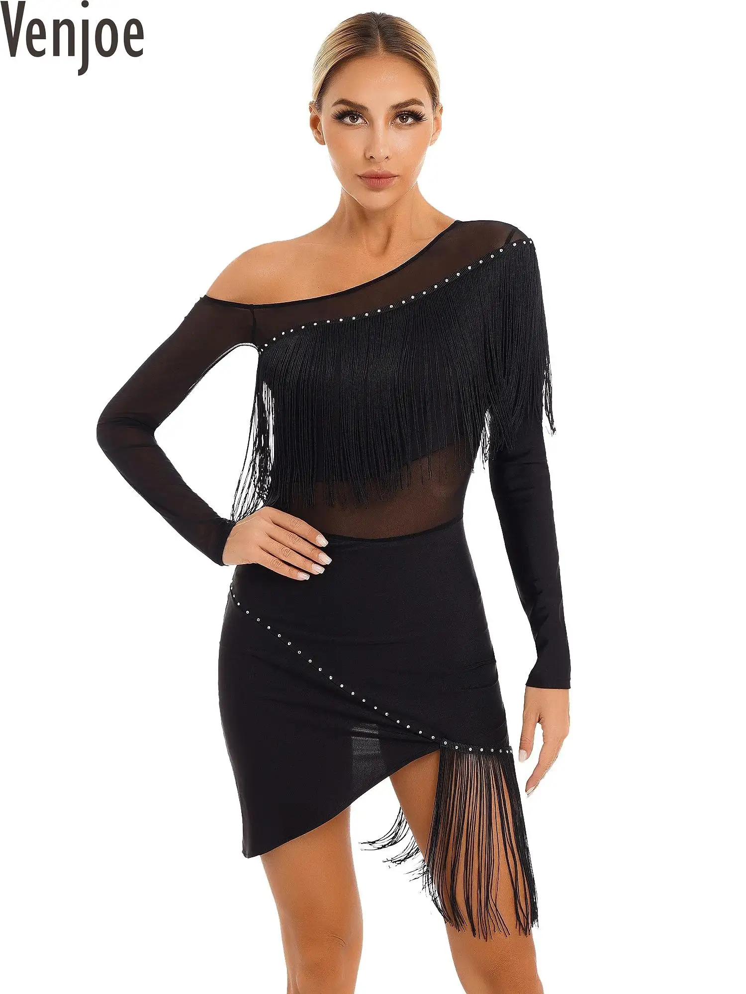 

Womens Latin Dance Dress Mesh Long Sleeve Salsa Ballroom Dancewear Tango Cha-Cha Samba Dance Dresses Rumba Competition Costume