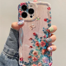 Vintage Floral Art Shockproof Silicone Phone Case - Luxury Retro Oil Painting Design - iPhone 15 (Red)