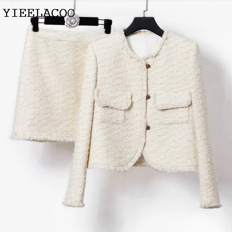 

Beige tweed jacket+skirt set for autumn/winter women's short jacket, half skirt set, classic 2-piece set