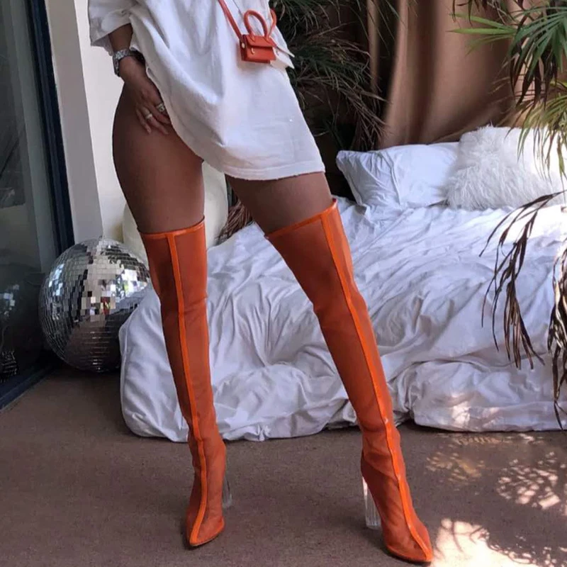 

New Mesh Sandals Boots Women Over The Knee Boots Pointed Toe High Heels Women Party Shoes Woman Thigh High Boots Botas Mujer