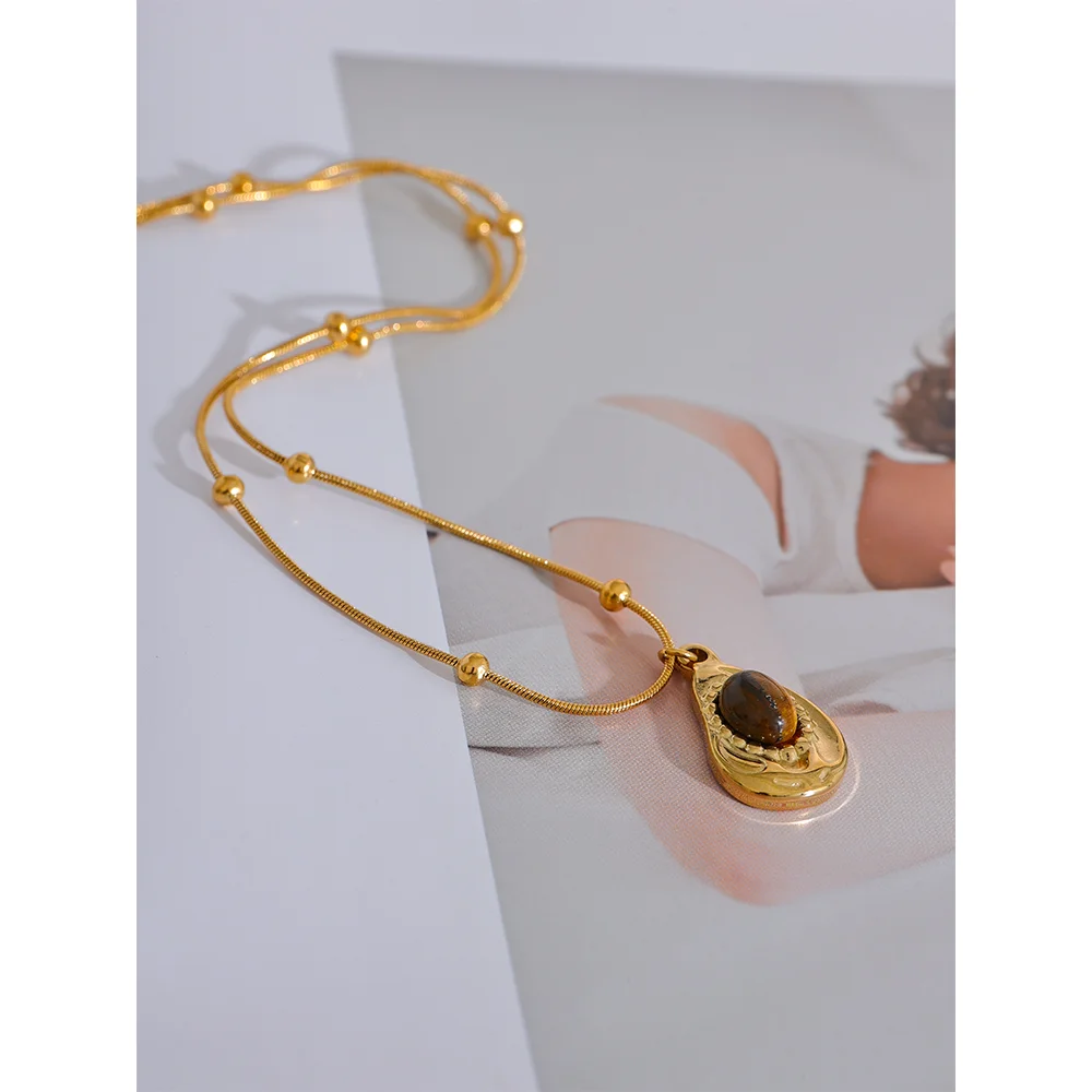 Yhpup Stainless Steel Cashew Drop Inlaid Natural Tiger Stone Pendant Necklace
