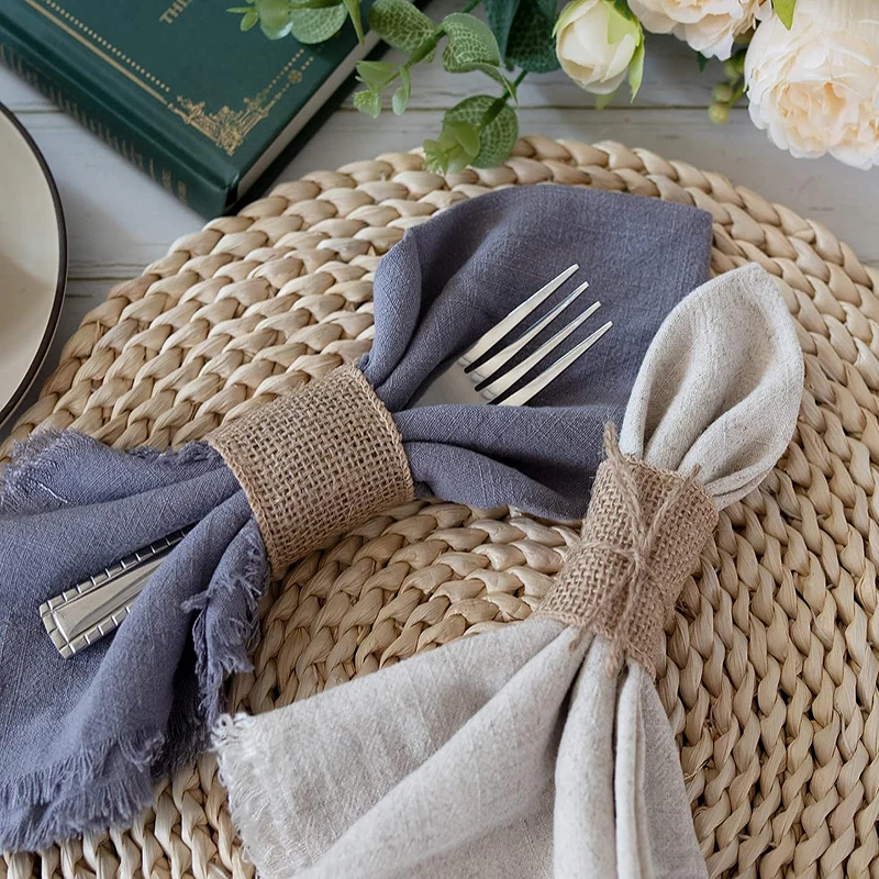 Natural Burlap Napkin Ring with Jute Rope Set Disposable Napkin Band 100pcs Bulk Table Decor Wedding Dinner Country Party Decor