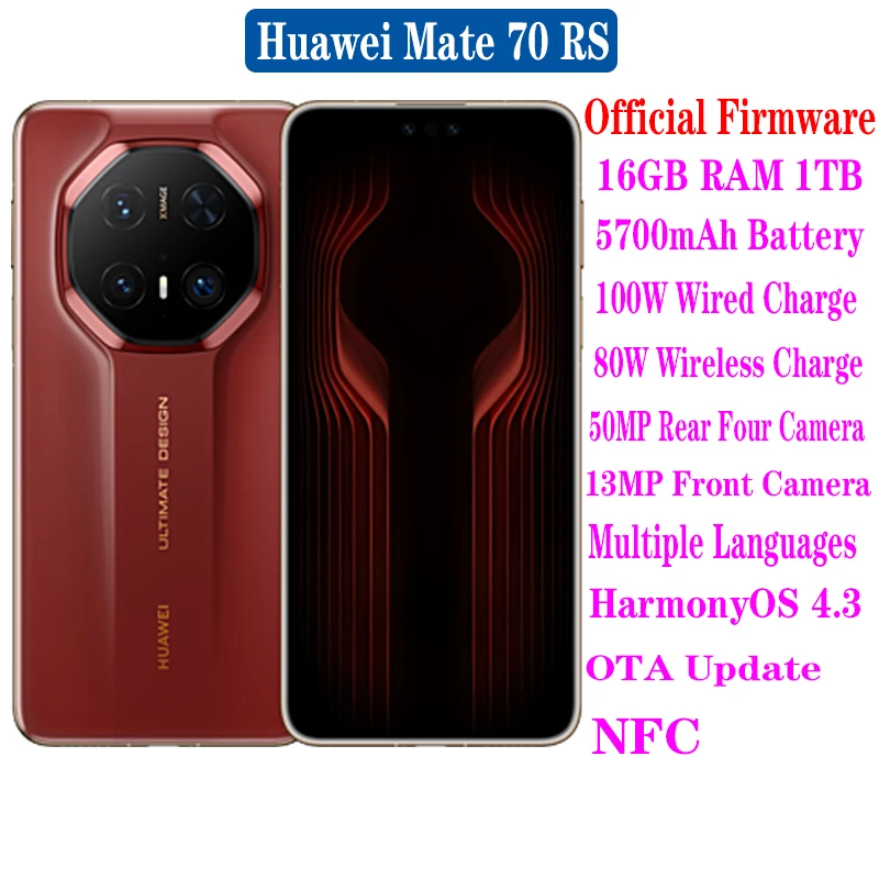 New Huawei Mate 70 RS Ultimate Design Mobile Phone 6.9" HarmonyOS 4.3 50MP Rear Four Cameras 5700mAh 100W Wired 80W Wireless NFC