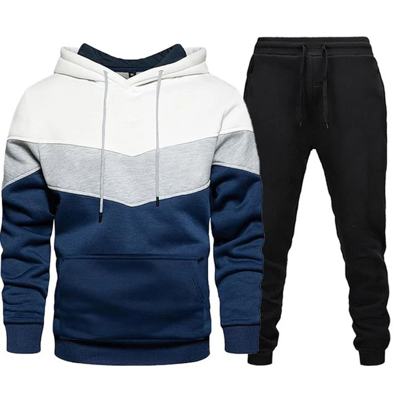 Autumn Winter Fashion Tracksuit Tricolor Hoodies and Black Sweatpants High Quality Male Daily Casual Sports Hooded Jogging Suit