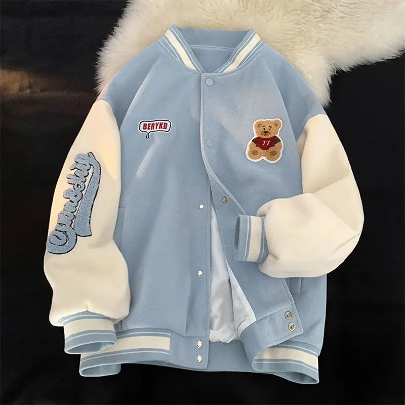 Chic Spring/Fall Preppy Style Baseball Jacket Women Casual Bear embroidered baseball Coat y2k men and women Couples Clothing