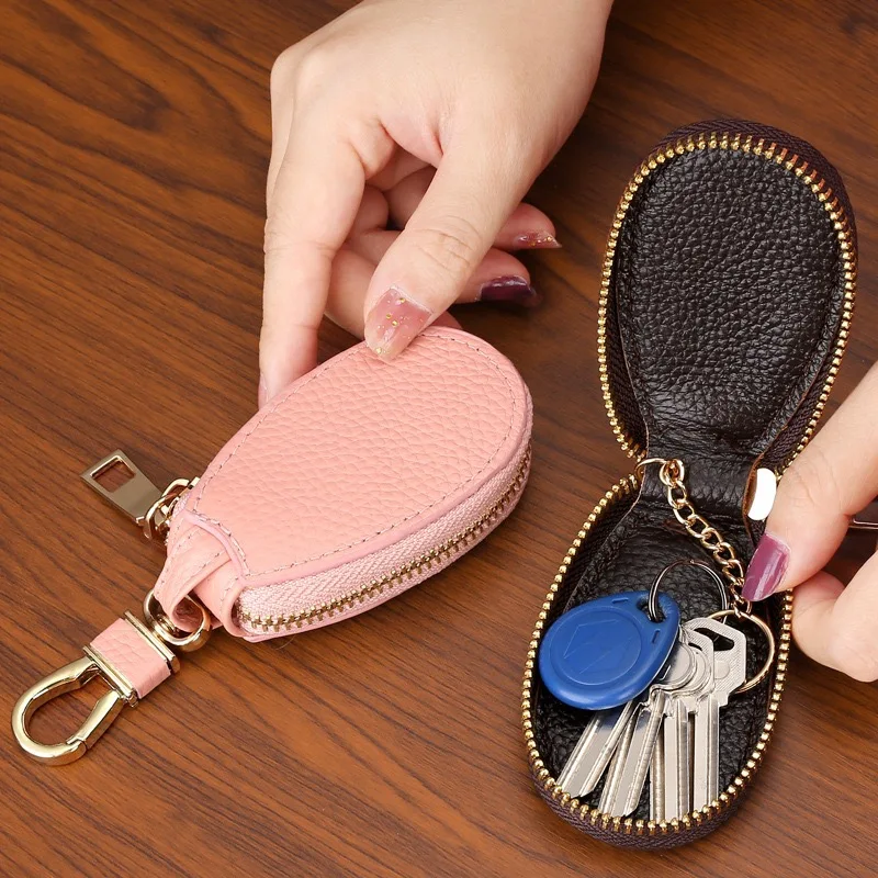 Premium Leather Keychain Mini Coin Purse and Card Holder with Dual Keyrings and Zipper Closure