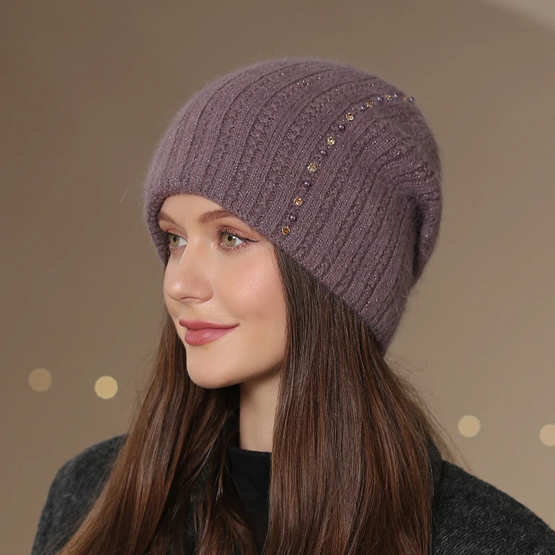 Fashion Decorate Beanie Hat Rabbit Fur Blend Warm Mom Ski Cap New