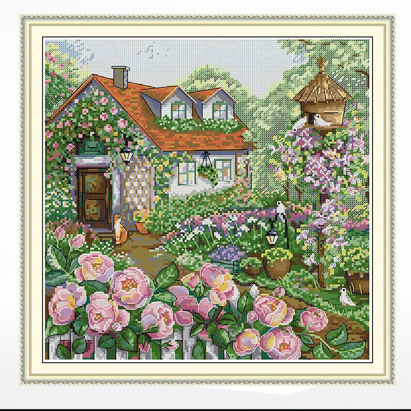 

A view of the Rose Cottage cross-stitch living room bedroom hanging painting, 11CT/14CT hand-embroidered