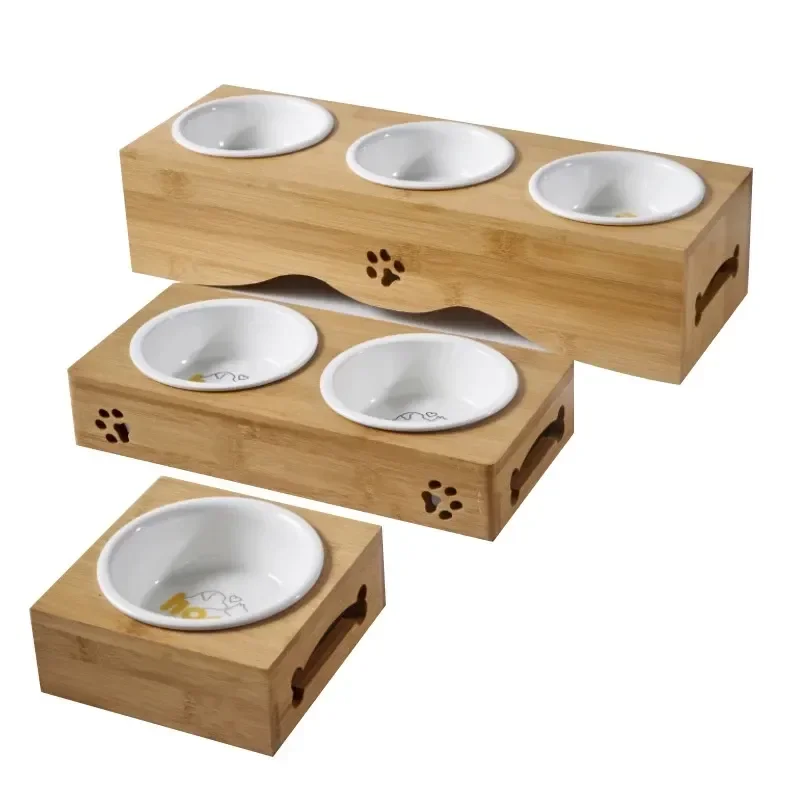 

Ceramic Wooden Cat Resistant Bowl Table Small Double Food Into Skid Bamboo Kitten Dog Pet